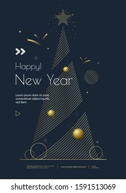 New Year greeting card design with stylized Christmas tree, ball and decorations. Vector golden line illustration