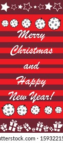 New Year greeting card design with stylized christmas ball and christmas tree. Vector illustration