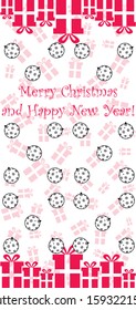 New Year greeting card design with stylized christmas ball and christmas tree. Vector illustration