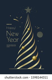 New Year greeting card design with stylized Christmas tree, ball and decorations. Winter holiday golden line illustration.