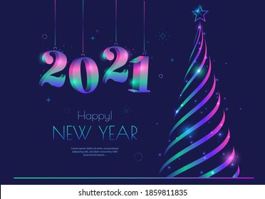 New Year greeting card design and stylized Christmas tree   2021 numbers typography  Vector xmas illustration