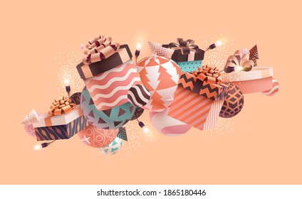 New year greeting card design. Christmas decoration with gift boxes on light background. 