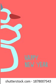 New Year greeting card design template. Hand drawn funny snowman, Happy New Year hand lettering on pink background