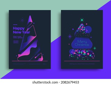 New Year greeting card design and stylized christmas tree  Colorful neon colors Xmas  Vector illustration