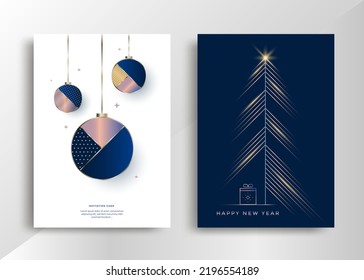 New Year greeting card design with stylized christmas tree and balls. Merry Christmas invite posters template. Vector illustration