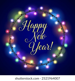 New Year greeting card design with colorful Glowing lights decorated circular frame. vector illustration