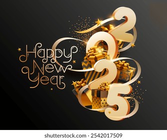 New year greeting card design 2025. Gift boxes, golden ribbon, and white calendar date on black background.