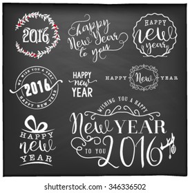 New Year Greeting Card Design Elements, Badges and Labels in Vintage Style on Chalkboard