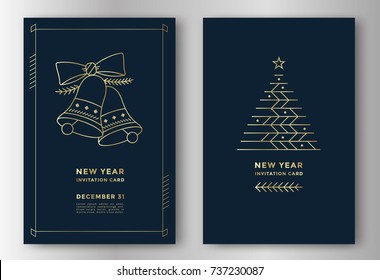 New Year Greeting Card Design With Stylized Christmas Tree And Bells. Vector Illustration