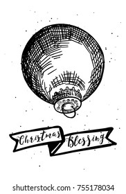 New Year greeting card design with stylized hand drawn Christmas ball illustration. Vector.