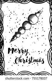 New Year greeting card design with stylized hand drawn Christmas ball illustration. Vector.