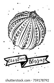 New Year greeting card design with stylized hand drawn Christmas ball illustration. Vector.