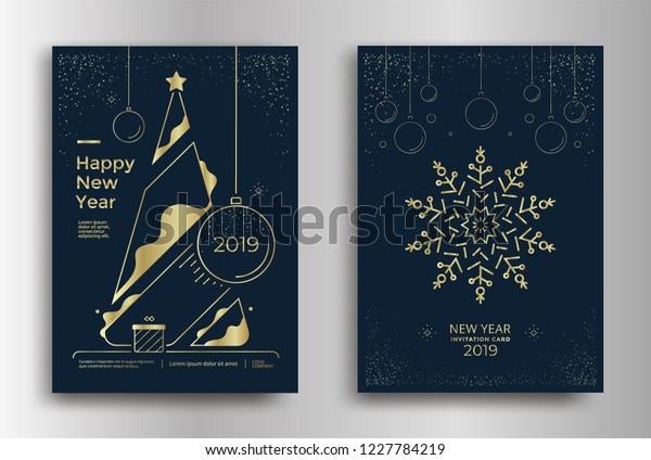 クリスマスツリー 雪片 装飾を様式化した新年のグリーティングカードデザイン ベクターの金色の線のイラスト のベクター画像素材 ロイヤリティフリー