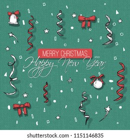 New Year greeting card designd with christmas decorations.