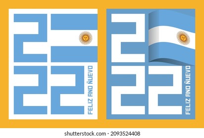 New Year greeting card designed with 2022 numbers and Argentina flag. "Happy New Year" message in Spanish.