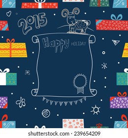 New Year greeting card. Different color gift boxes. Design elements