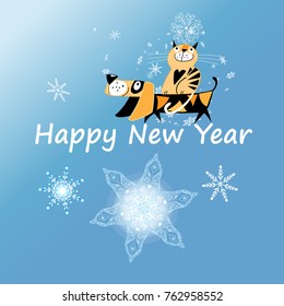 New Year Greeting Card With Dog And Cat On Blue Background With Snowflakes