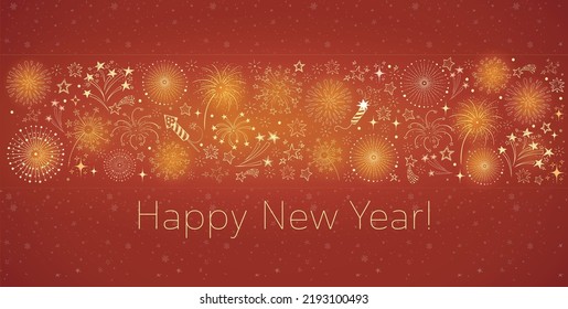 New Year greeting card with doodle fireworks on red background