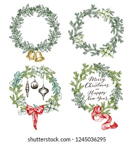 New Year greeting card elements. Christmas wreath set with winter floral. Hand drawing vector illustration in engraving style.