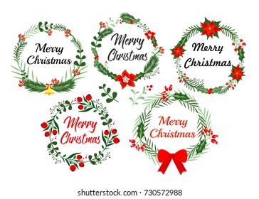 New Year greeting card elements. Christmas wreath set with winter floral. Vector illustration in flat style.