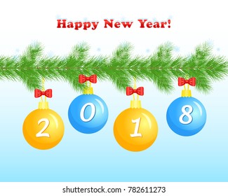 New Year greeting card, fir tree branch with snowflakes, gold and blue christmas balls, greeting inscription Happy New Year