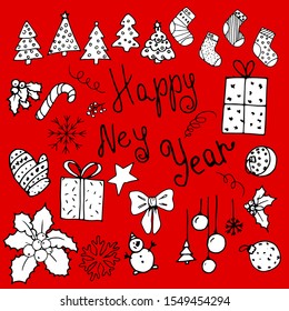 New Year Greeting Card. Flat set on colorful backdrop. New year winter holiday xmas. Holiday element collection. Christmas celebration. Vector illustration flat design. Outline symbol collection.