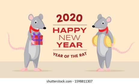 New Year greeting card flat template. 2020 year of rat red typography, cute mice holding gift box and golden coins cartoon characters. Winter holiday horizontal banner, poster creative color layout