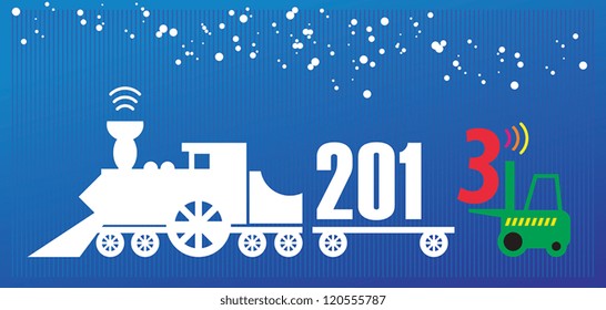 New Year greeting card - fork lift truck at work, vector illustration