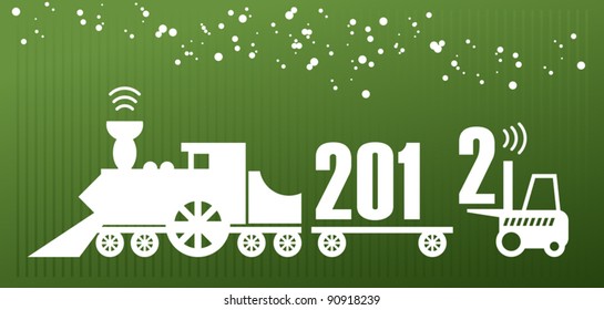 New Year greeting card - fork lift truck at work, vector illustration