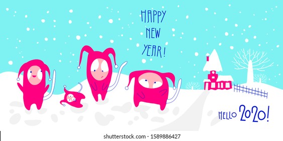 New year greeting card with four funny little monsters in magenta colour overalls on a snowy landscape. Template for banner, poster, leaflet, t-shirt, ad, note, announce of theme party, etc