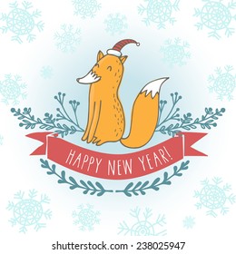 New year greeting card with fox, leaves and text happy new year. Christmas decor. Illustration for greeting cards, invitations, and other printing projects.