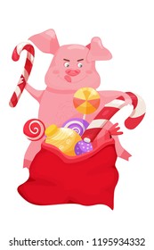New Year greeting card with funny pig. Cute pig with a bag of Santa with gifts and sweets. Symbol of 2019 on the Chinese calendar. Vector illustration.