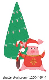 New Year greeting card with funny pig. Cute pig with Christmas tree and candy. Symbol of 2019 on the Chinese calendar. Vector illustration.