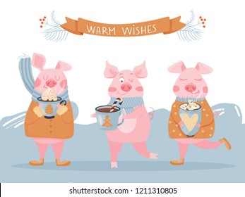 New Year greeting card with funny pigs. Cute pigs with Christmas cacao. Symbol of 2019 on the Chinese calendar. Vector illustration.