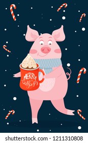 New Year greeting card with funny pig. Cute pig with Christmas cacao. Symbol of 2019 on the Chinese calendar. Vector illustration.