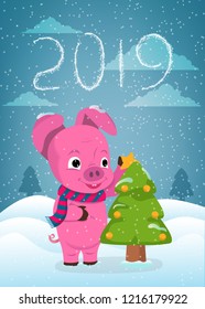 New Year greeting card with funny pig. Cute little pig with Christmas tree and hand drawn lettering. Symbol of 2019 on the Chinese calendar. Vector illustration.