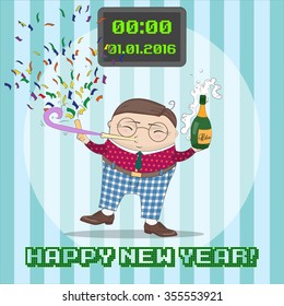 New Year greeting card with funny cartoon  character . Happy New Year, business concept. Vector illustration.