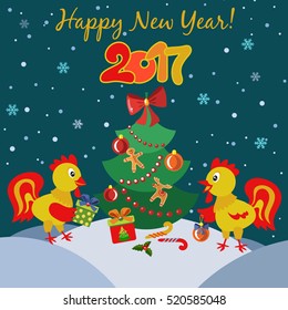 New Year greeting card with funny roosters. Bright rooster and Christmas tree. Rooster is symbol of the year. Chinese New Year.