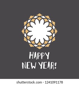 New Year greeting card with geometric ornament on gray background. Inscription - Happy New Year