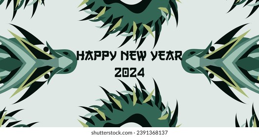 New Year greeting card with Geometric Dragon in trendy asian style. Big horizontal celebration banner with symbol Chinese luna New Year in pastel color. Vector illustration can used web posters.