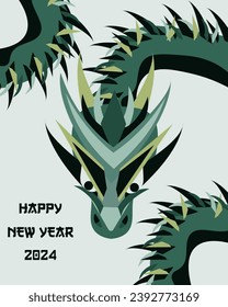 New Year greeting card with Geometric Dragon in trendy asian style. Celebration banner with symbol Chinese luna New Year in pastel color and text. Vector illustration can used web posters.