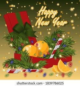 New year greeting card with a gift, fir branches, garlands, oranges and caramel sticks