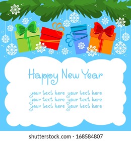 New Year greeting card with gifts and snowflakes