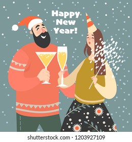 New Year greeting card. Girl and boy at a party. Happy friends celebrate the coming of the new year together