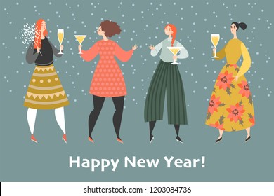 New Year greeting card. Girls at a party. Happy friends celebrate the coming of the new year together