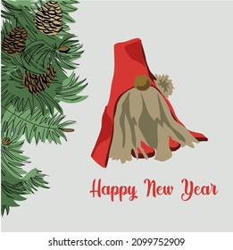 New year greeting card with a gnome in a red cap