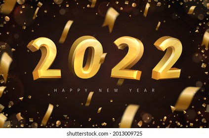 New year greeting card. Gold 3D text flying in the air with confetti and bokeh. Banner inscription: 2022 Happy New Year. Vector on dark warm background .