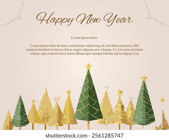 New Year greeting card gold Christmas ornaments and trees