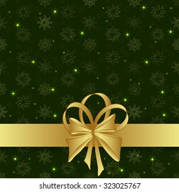 New year greeting card. Gold ribbon and bow. Snowflakes and light. The green background. Christmas design. Vector illustration.