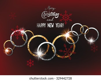 New year greeting card with gold and silver shiny circles